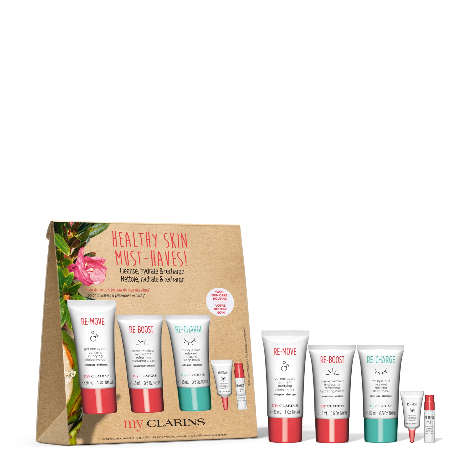 Bild von CLARINS W NEW MYCLARINS GRAB & GO (RE-MOVE CLEANSING GEL 30ML+RE-BOOST CREAM 15ML+RE-CHARGE MASK 15ML+RE-FRESH MIST 1,5ML+ RE-FRESH EYE ROLLER 3ML) FC